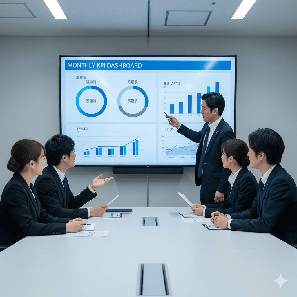 KPIを見ながら改善点を議論する効果測定ミーティングの様子